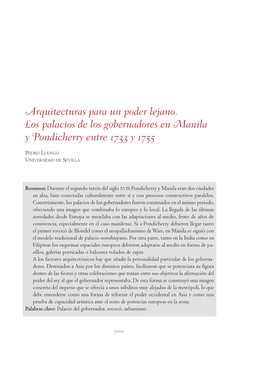 Arquitecturas Para Un Poder Lejano. Los Palacios De Los Gobernadores En Manila Y Pondicherry Entre 1733 Y 1755