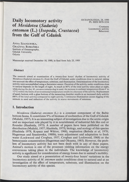 Daily Locomotory Activity of Mesidotea (Saduria) Entomon (L.)