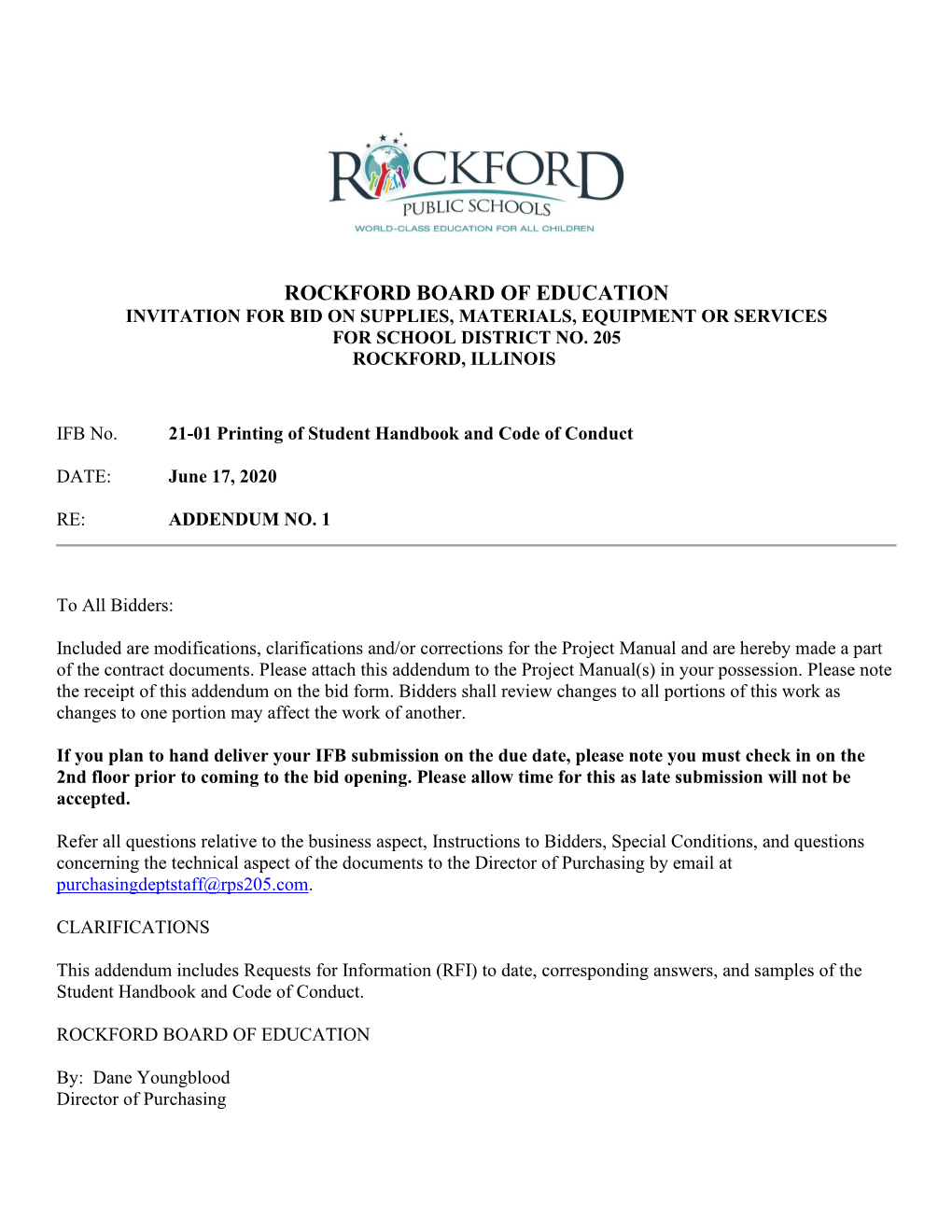 Rockford Board of Education Invitation for Bid on Supplies, Materials, Equipment Or Services for School District No