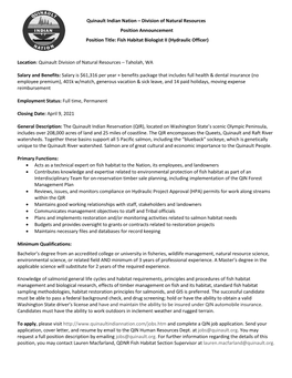 Quinault Indian Nation – Division of Natural Resources Position Announcement Position Title: Fish Habitat Biologist II (Hydraulic Officer)