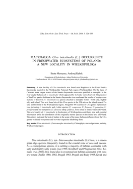 MACROALGA Ulva Intestinalis (L.) OCCURRENCE in FRESHWATER ECOSYSTEMS of POLAND: a NEW LOCALITY in WIELKOPOLSKA