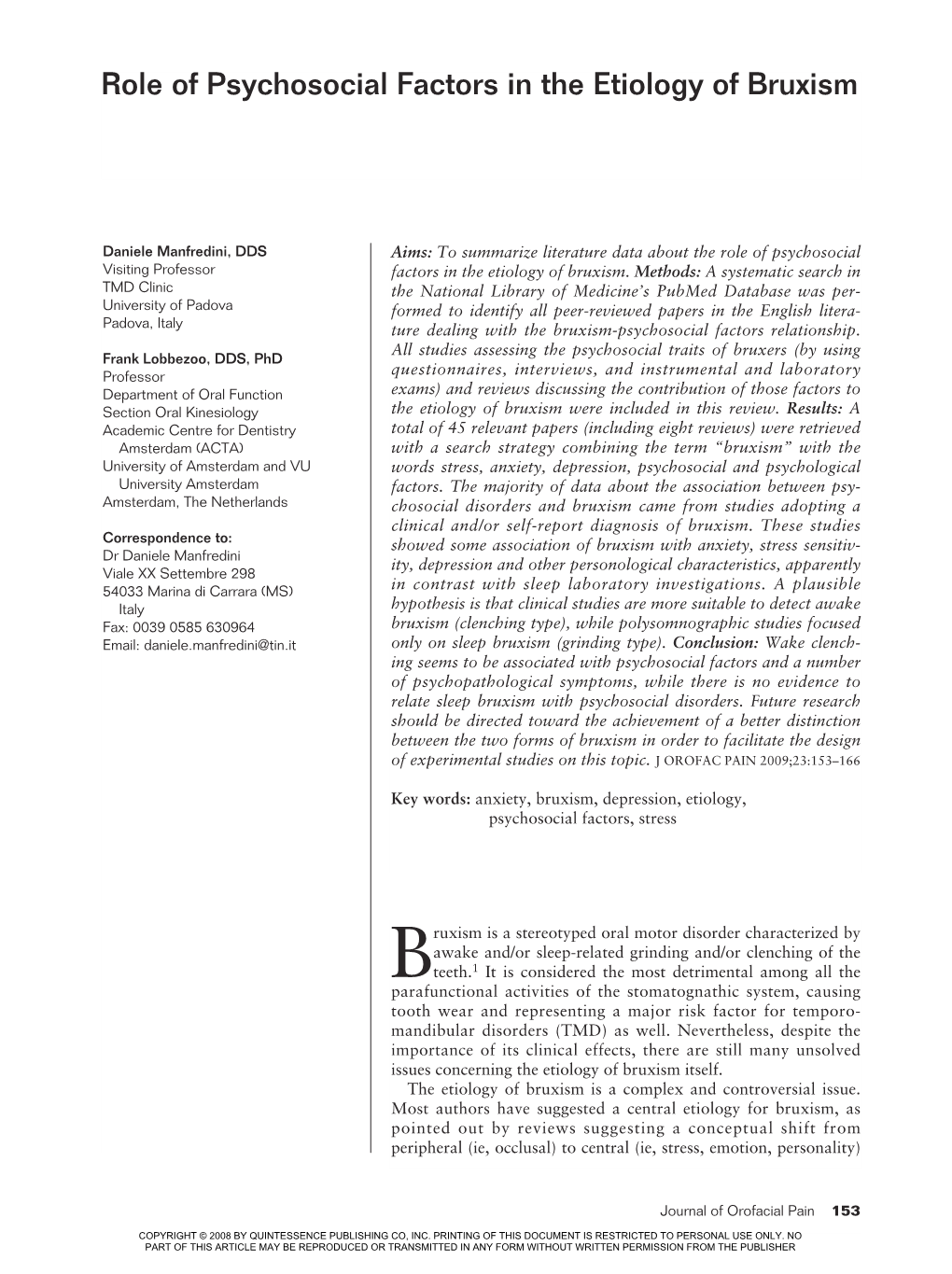 Role of Psychosocial Factors in the Etiology of Bruxism