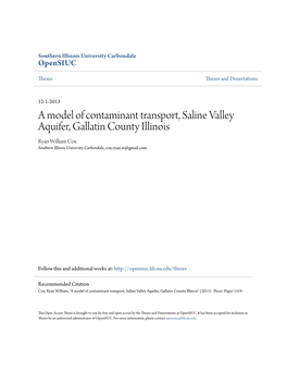 A Model of Contaminant Transport, Saline Valley Aquifer, Gallatin County Illinois Ryan William Cox Southern Illinois University Carbondale, Cox.Ryan.W@Gmail.Com