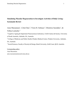 Simulating Macular Degeneration to Investigate Activities of Daily Living: Systematic Review Anne Macnamara1 , Celia Chen 2, V