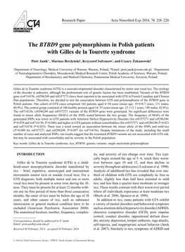 The BTBD9 Gene Polymorphisms in Polish Patients with Gilles De La Tourette Syndrome