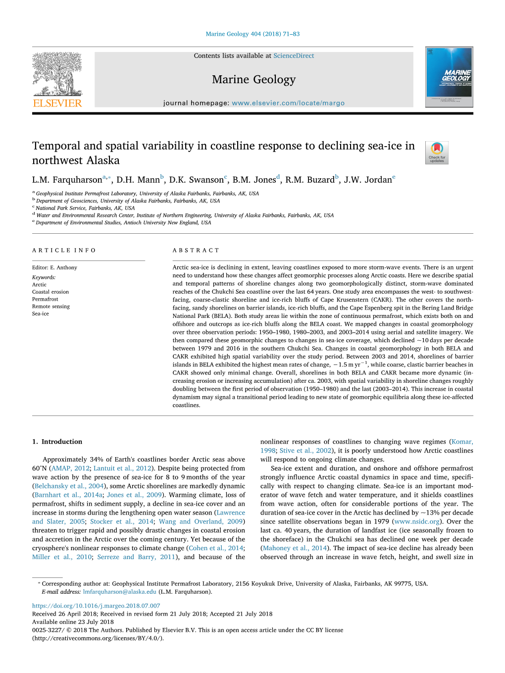 Farquharson Et Al 2018. Coastal Changes Chukchi Sea. Marine