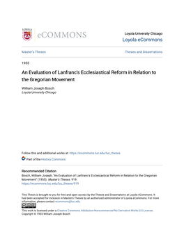An Evaluation of Lanfranc's Ecclesiastical Reform in Relation to the Gregorian Movement