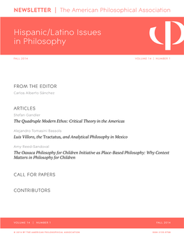 APA Newsletter on Hispanic/Latino Issues in Philosophy, Vol. 14, No. 1