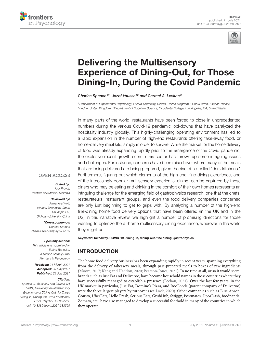 Delivering the Multisensory Experience of Dining-Out, for Those Dining-In, During the Covid Pandemic