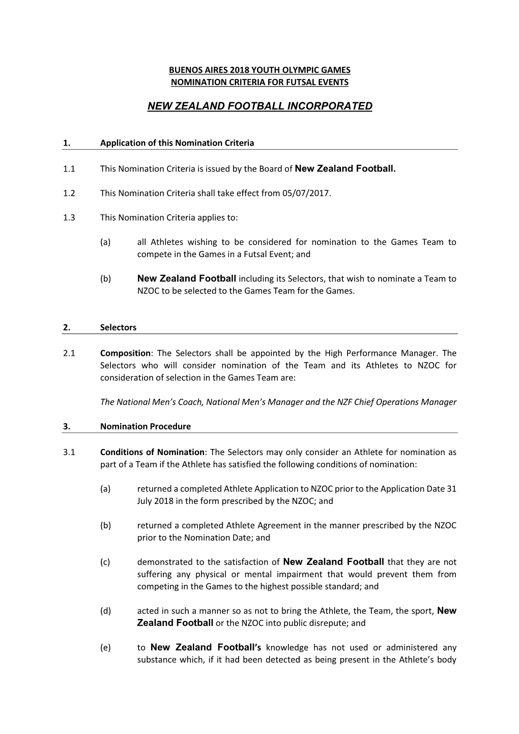 Nomination Criteria for Futsal Events