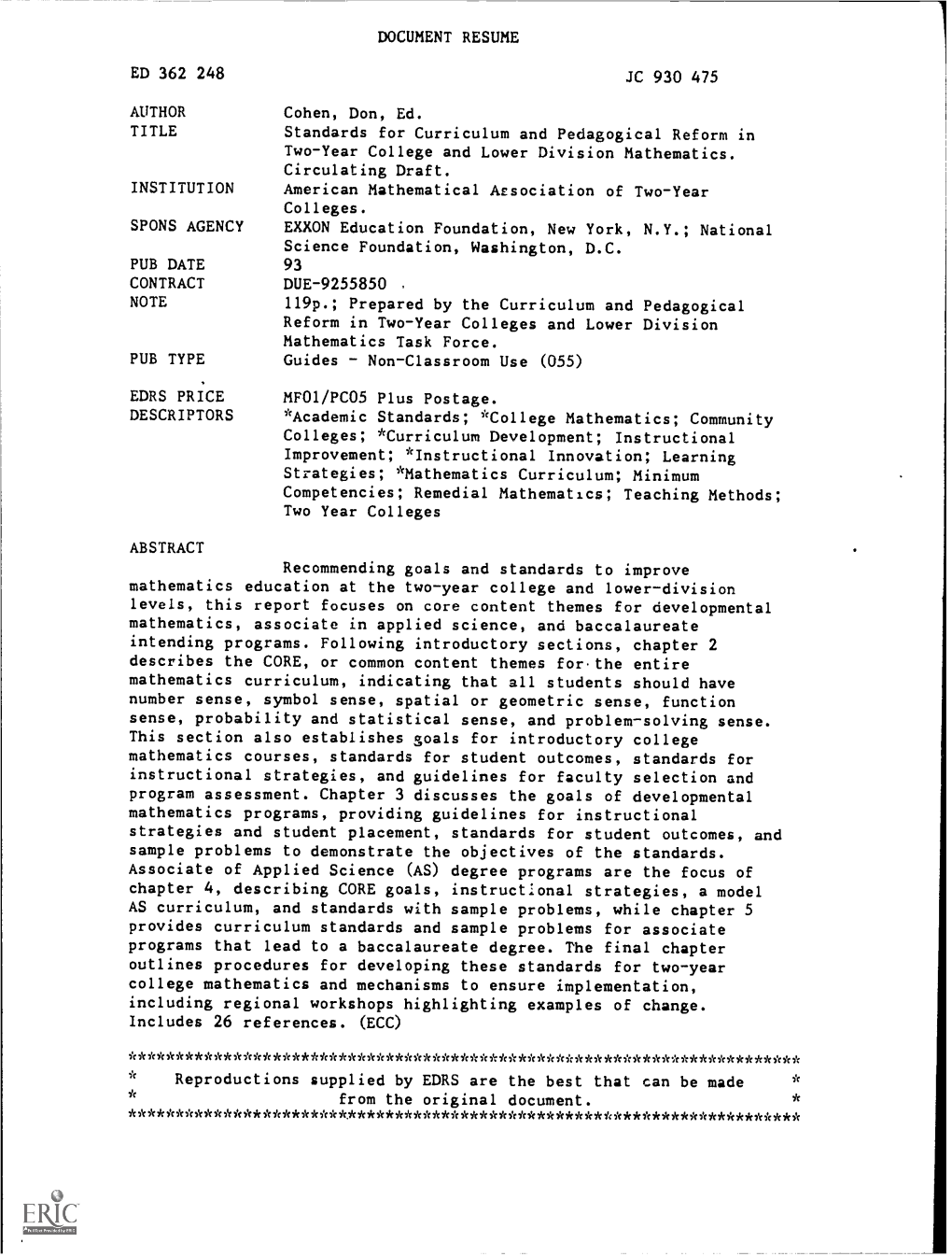 Standards for Curriculum and Pedagogical Reform in Two-Year College and Lower Division Mathematics