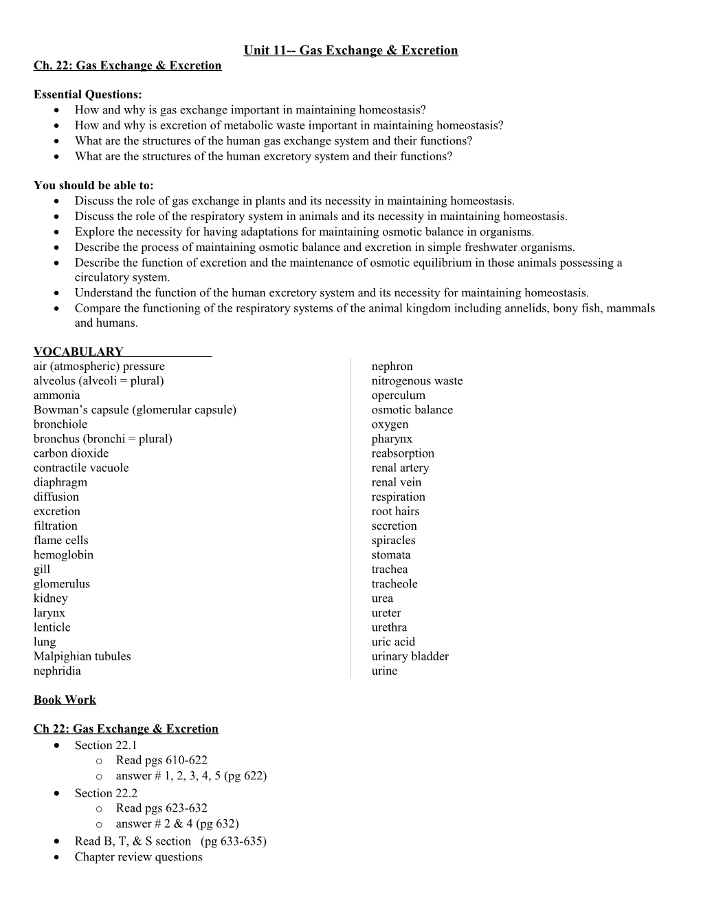 Unit 11 Gas Exchange & Excretion