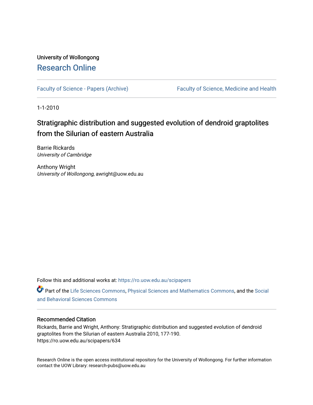 Stratigraphic Distribution and Suggested Evolution of Dendroid Graptolites from the Silurian of Eastern Australia