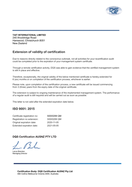 Extension of Validity of Certification ISO 9001: 2015