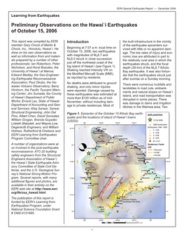 Preliminary Observations on the Hawai`I Earthquakes of October 15, 2006