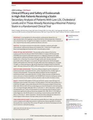 Secondary Analysis of Patients with Low LDL Cholesterol Levels and in Those Already Receiving a Maximal-Potency Statin in a Randomized Clinical Trial