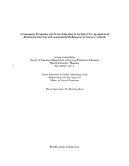 A Community Perspective on Literacy Education in the Inner City: an Analysis of Revisioning Inner City and Communitylink Resources in Vancouver Schools