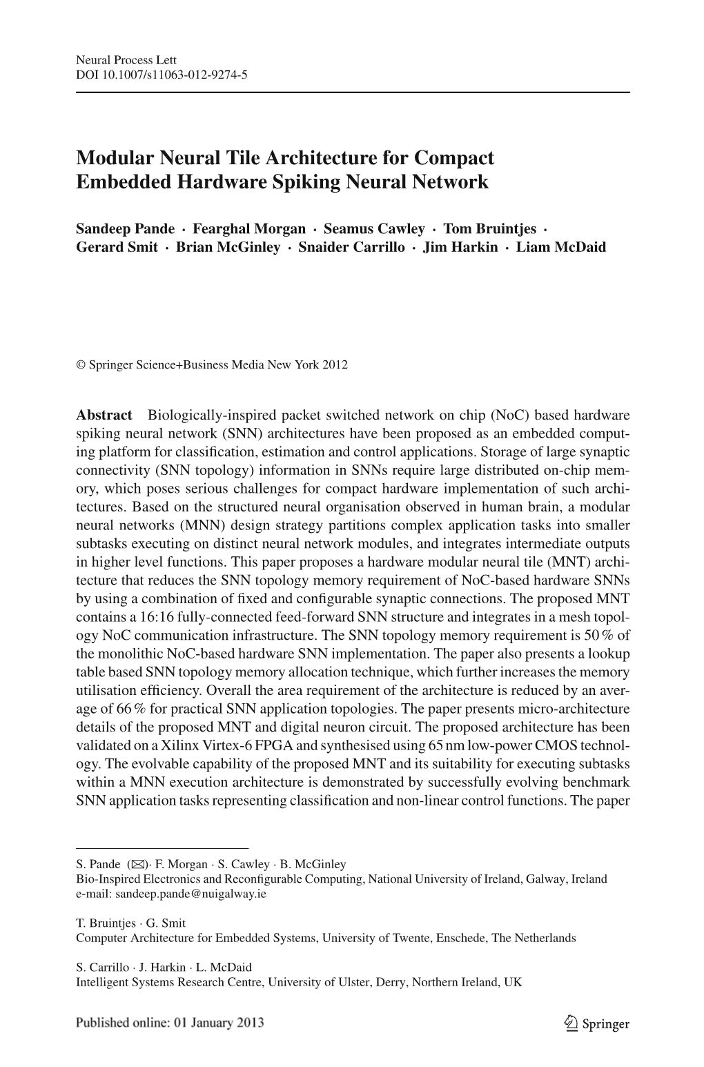 Modular Neural Tile Architecture for Compact Embedded Hardware Spiking Neural Network