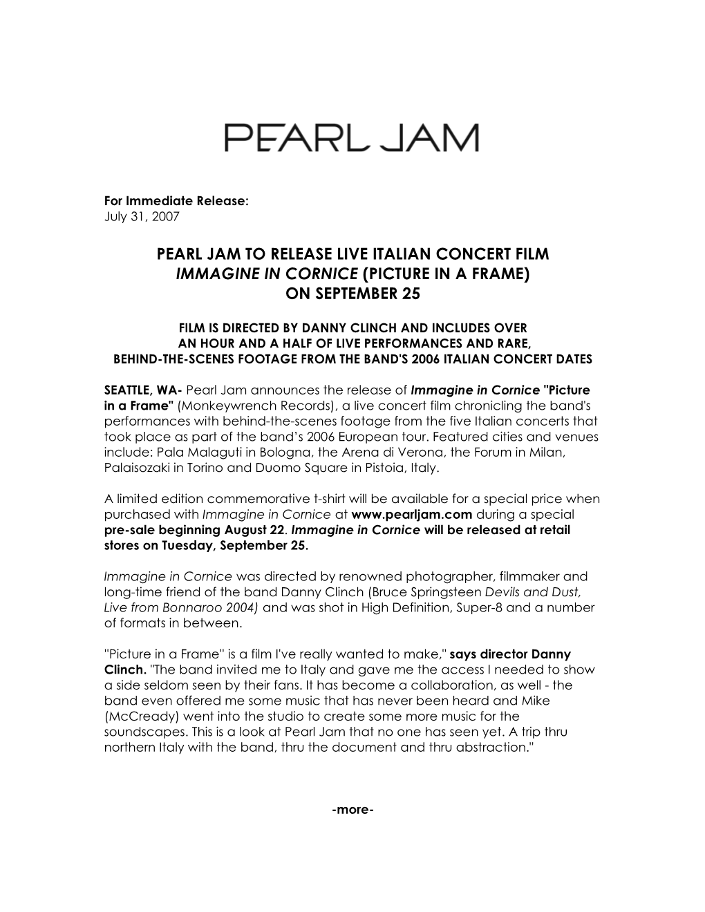 Pearl Jam to Release Live Italian Concert Film Immagine in Cornice (Picture in a Frame) on September 25