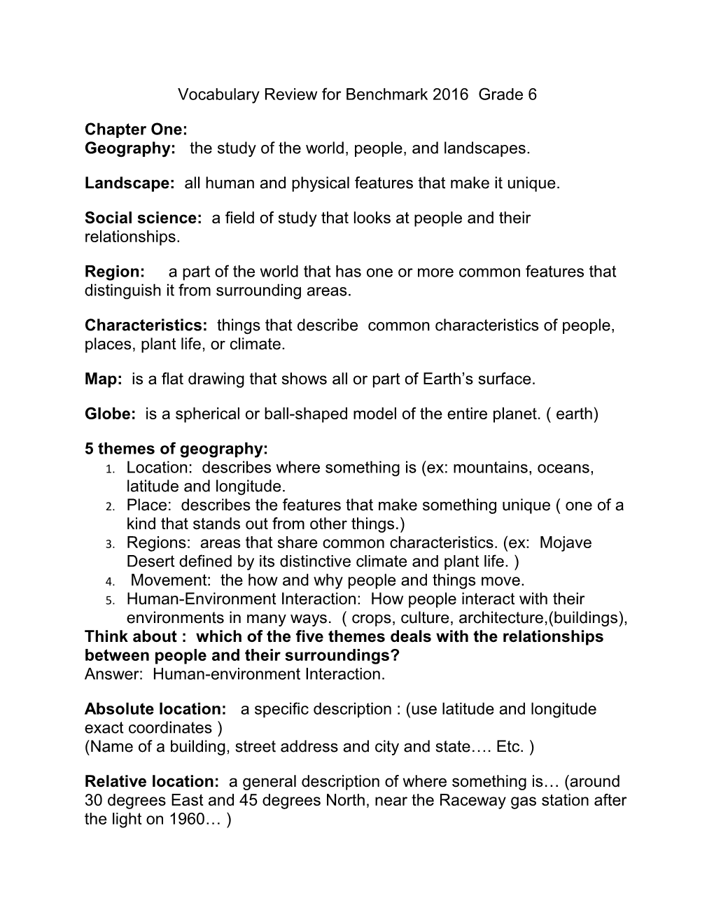 Vocabulary Review for Benchmark 2016 Grade 6