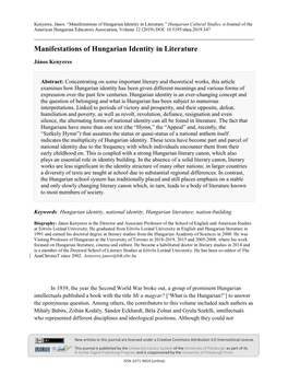 Manifestations of Hungarian Identity in Literature.” Hungarian Cultural Studies