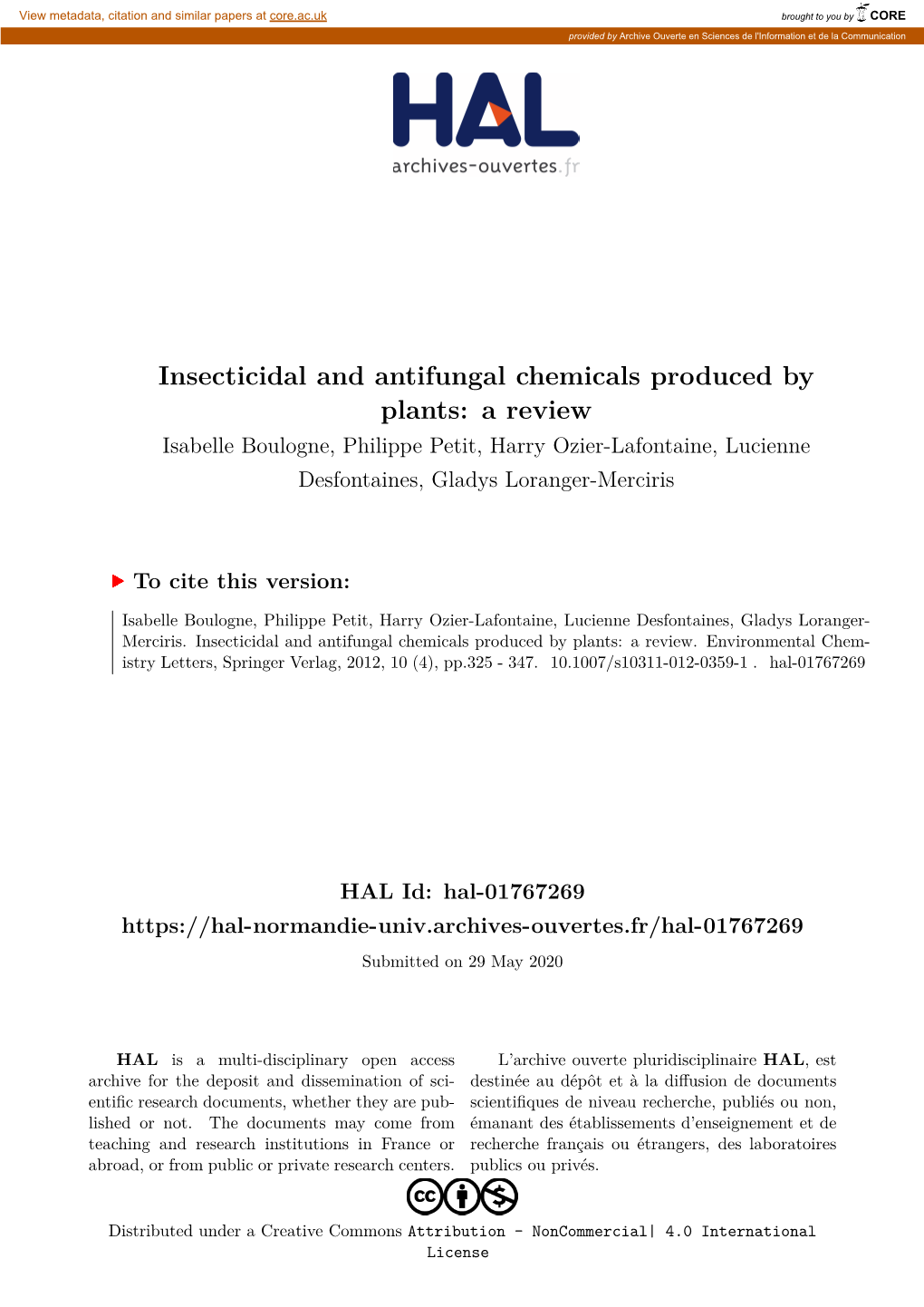 Insecticidal and Antifungal Chemicals Produced by Plants