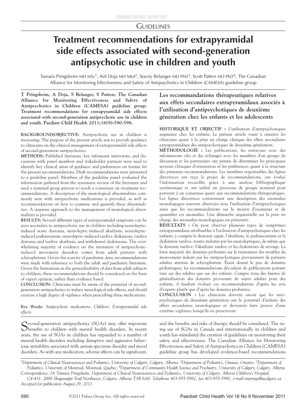 Treatment Recommendations for Extrapyramidal Side Effects Associated with Second-Generation Antipsychotic Use in Children and Youth