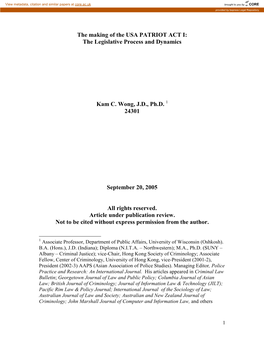 The Making of the USA PATRIOT ACT I: the Legislative Process and Dynamics