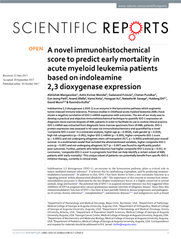 A Novel Immunohistochemical Score to Predict Early Mortality in Acute Myeloid Leukemia Patients Based on Indoleamine 2,3 Dioxyge
