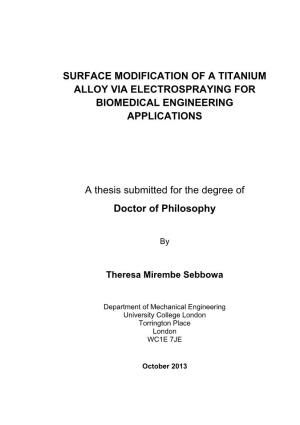 Surface Modification of a Titanium Alloy Via Electrospraying for Biomedical Engineering Applications