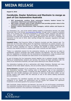 Carsguide, Dealer Solutions and Manheim to Merge As Part of Cox Automotive Australia
