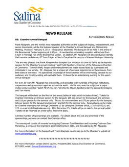 NEWS RELEASE for Immediate Release RE: Chamber Annual Banquet