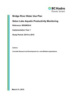 BRGMON-6 | Seton Lake Aquatic Productivity Monitoring
