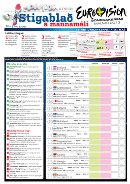 Stigablað SÖNGVAKEPPNI MALMÖ 2013 Eftir Elínu Esther Á Mannamáli SEINNI UNDANKEPPNI • 16