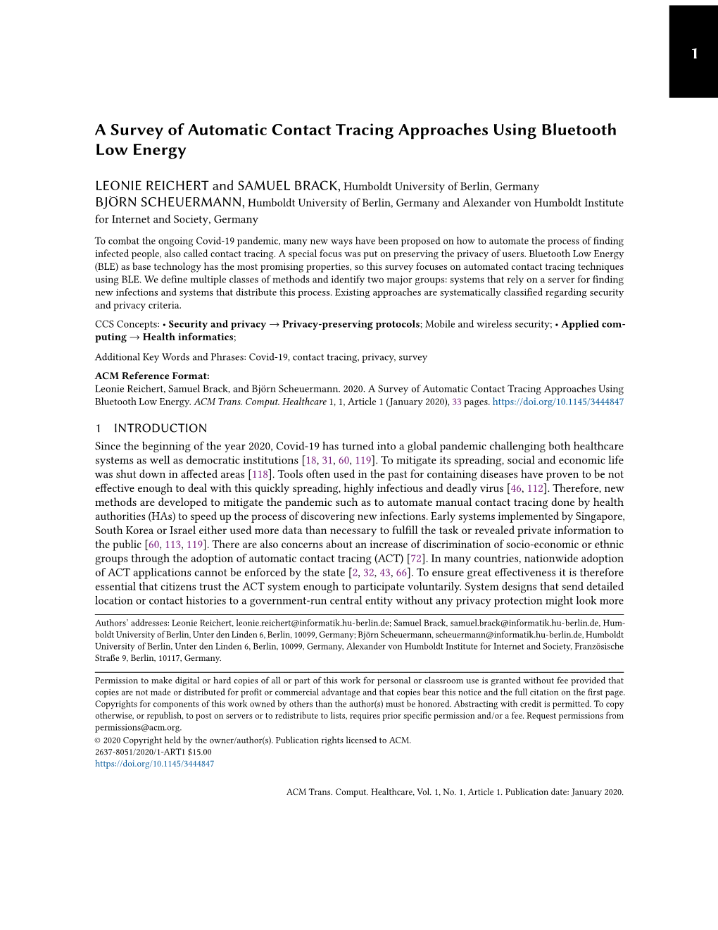 1 a Survey of Automatic Contact Tracing Approaches Using