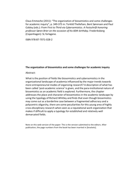 Claus Emmeche (2011): “The Organization of Biosemiotics and Some Challenges for Academic Inquiry”, P