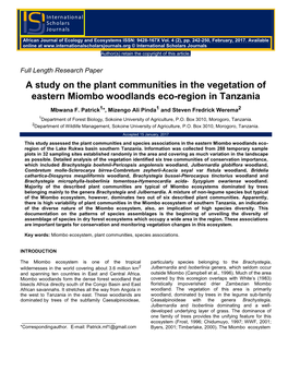 A Study on the Plant Communities in the Vegetation of Eastern Miombo Woodlands Eco-Region in Tanzania
