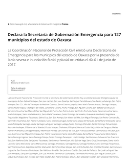Declara La Secretaría De Gobernación Emergencia Para 127 Municipios Del Estado De Oaxaca