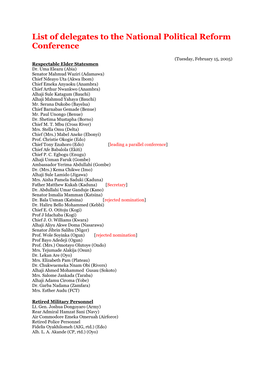 List of Delegates to the National Political Reform Conference