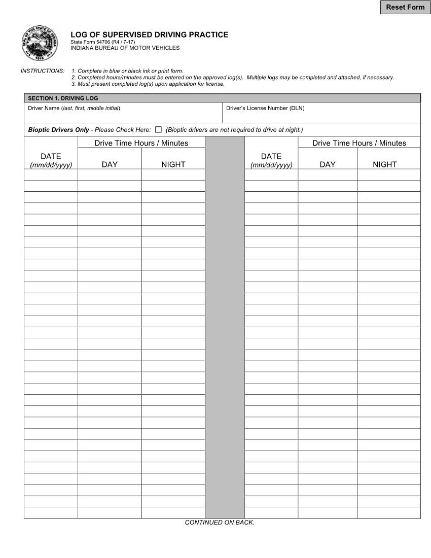 LOG of SUPERVISED DRIVING PRACTICE State Form 54706 (R4 / 7-17) INDIANA BUREAU of MOTOR VEHICLES