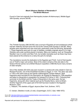 Black Siltstone Obelisks of Nectanebo II the British Museum Found In