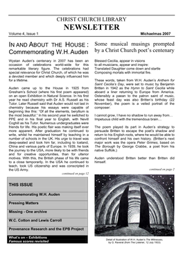 CHRIST CHURCH LIBRARY NEWSLETTER Volume 4, Issue 1 Michaelmas 2007