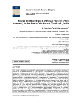 Status and Distribution of Indian Peafowl (Pavo Cristatus) in the South Coimbatore, Tamilnadu, India