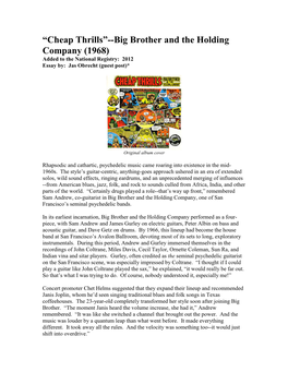 Cheap Thrills”--Big Brother and the Holding Company (1968) Added to the National Registry: 2012 Essay By: Jas Obrecht (Guest Post)*