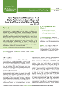 Foliar Application of Chitosan and Yeast Elicitor Facilitate Reducing Incidence and Severity of Alternaria Leaf Blight of Tomato and Brinjal F