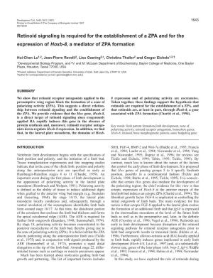 Retinoid Signaling Is Required for the Establishment of a ZPA and for the Expression of Hoxb-8, a Mediator of ZPA Formation