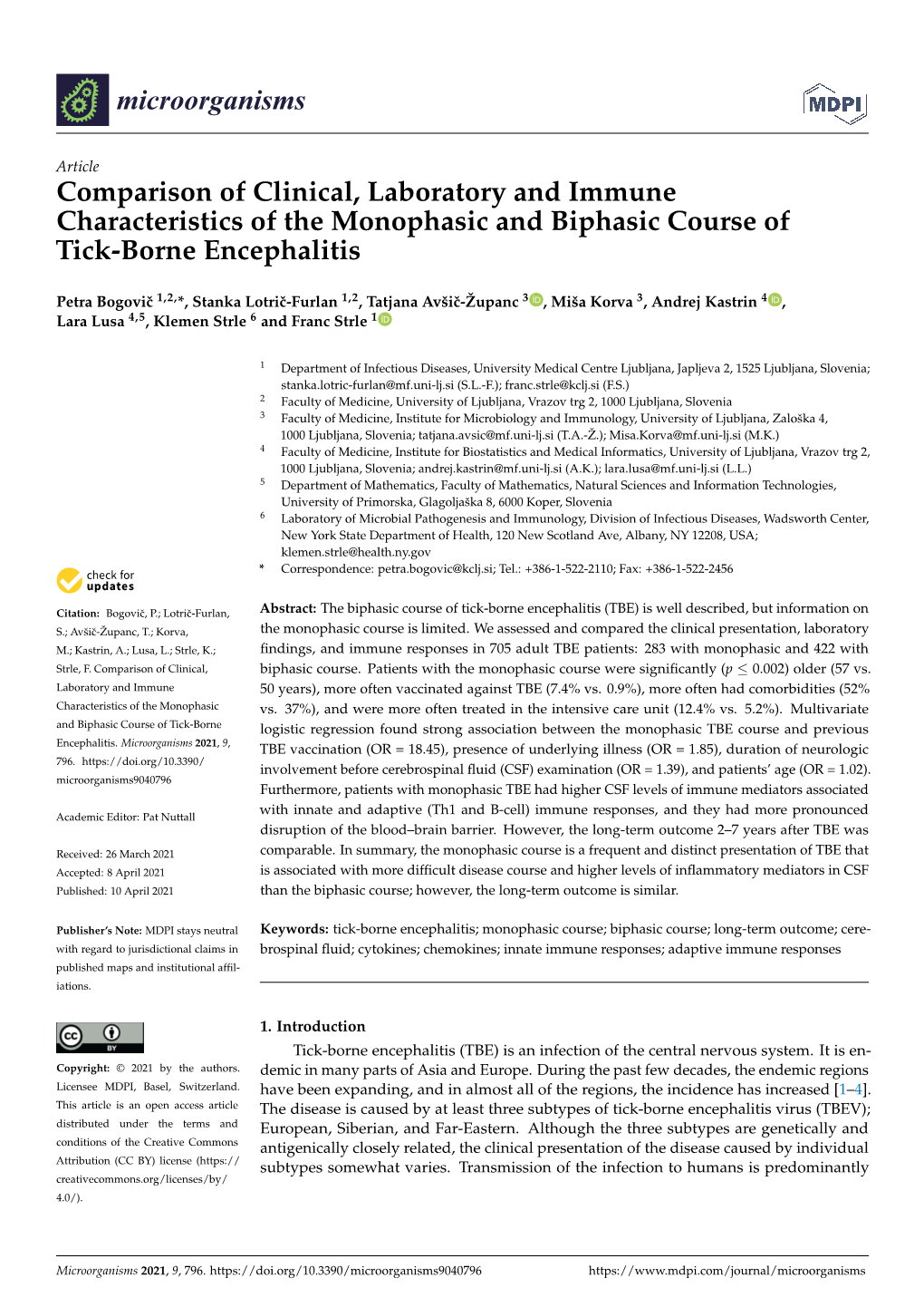 Comparison of Clinical, Laboratory and Immune Characteristics of the Monophasic and Biphasic Course of Tick-Borne Encephalitis