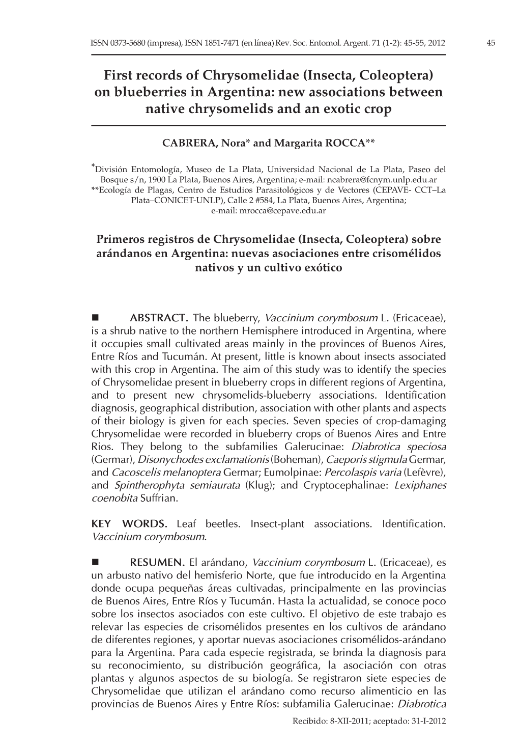 (Insecta, Coleoptera) on Blueberries in Argentina: New Associations Between Native Chrysomelids and an Exotic Crop