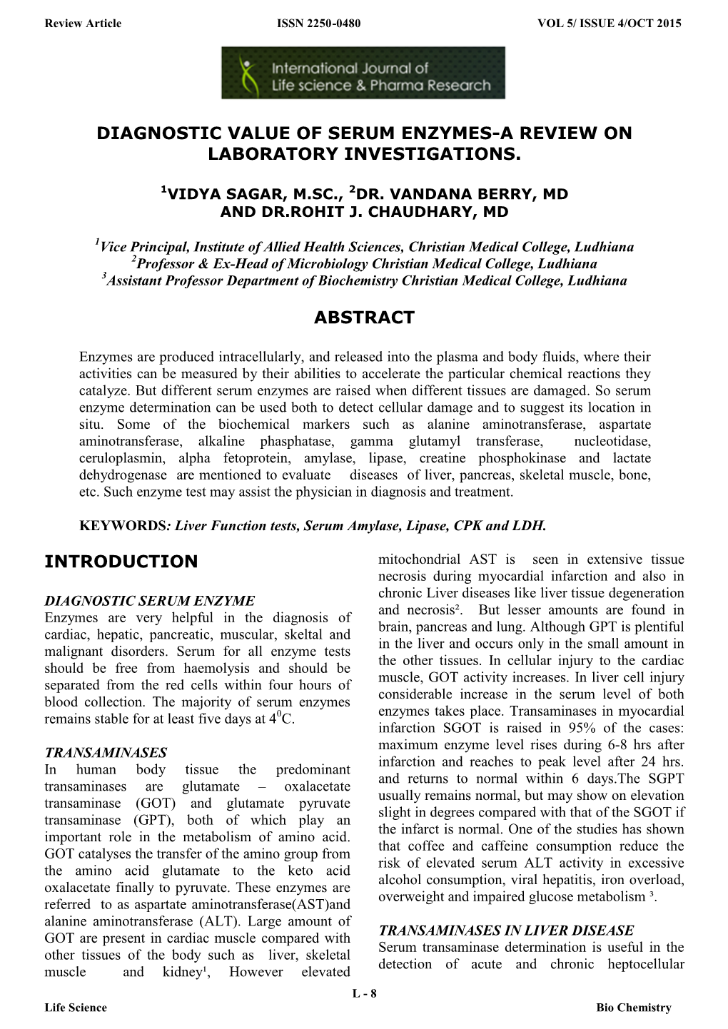 Diagnostic Value of Serum Enzymes-A Review on Laboratory Investigations