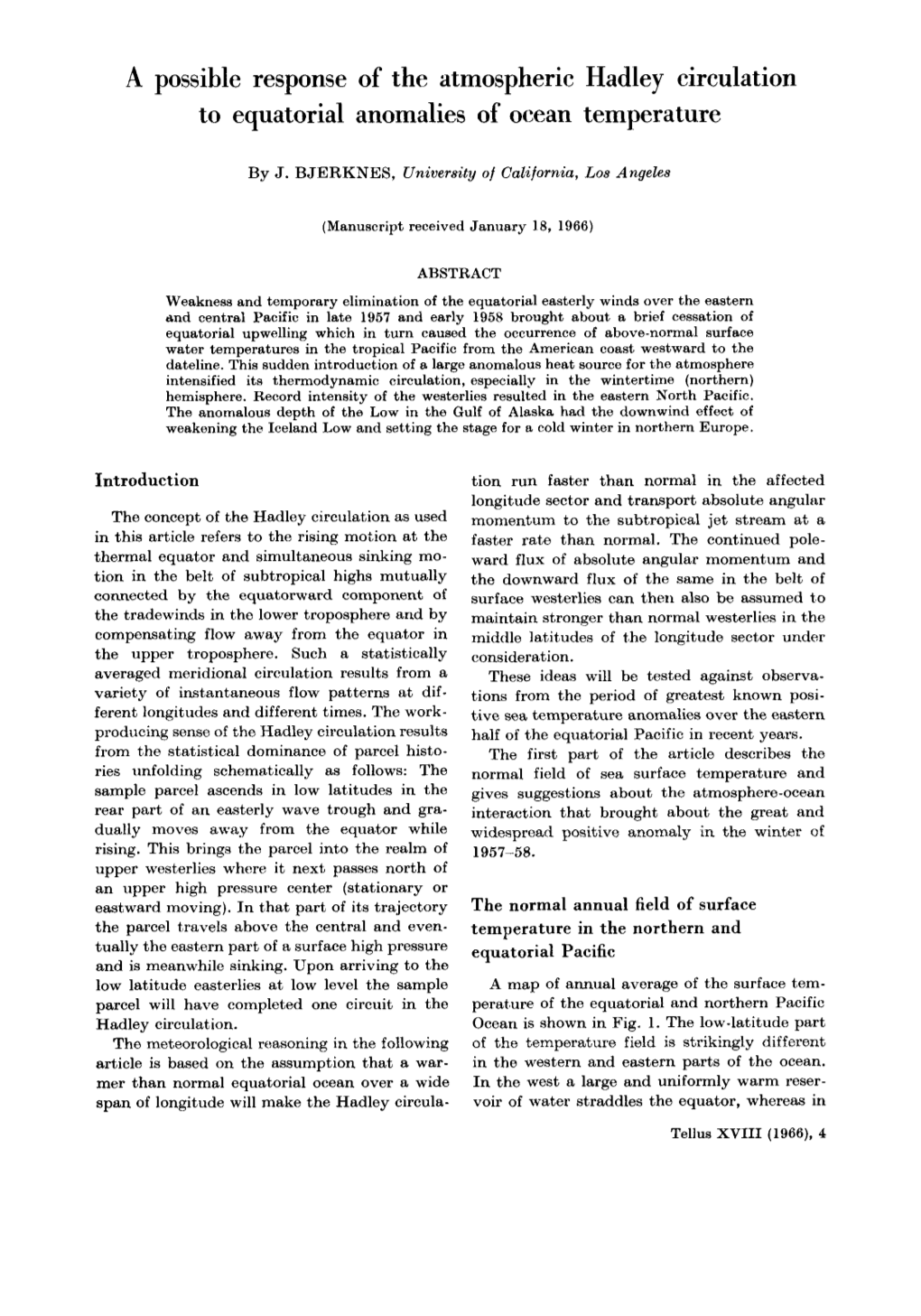 Bjerknes, 1966: a Possible Response of the Atmospheric Hadley